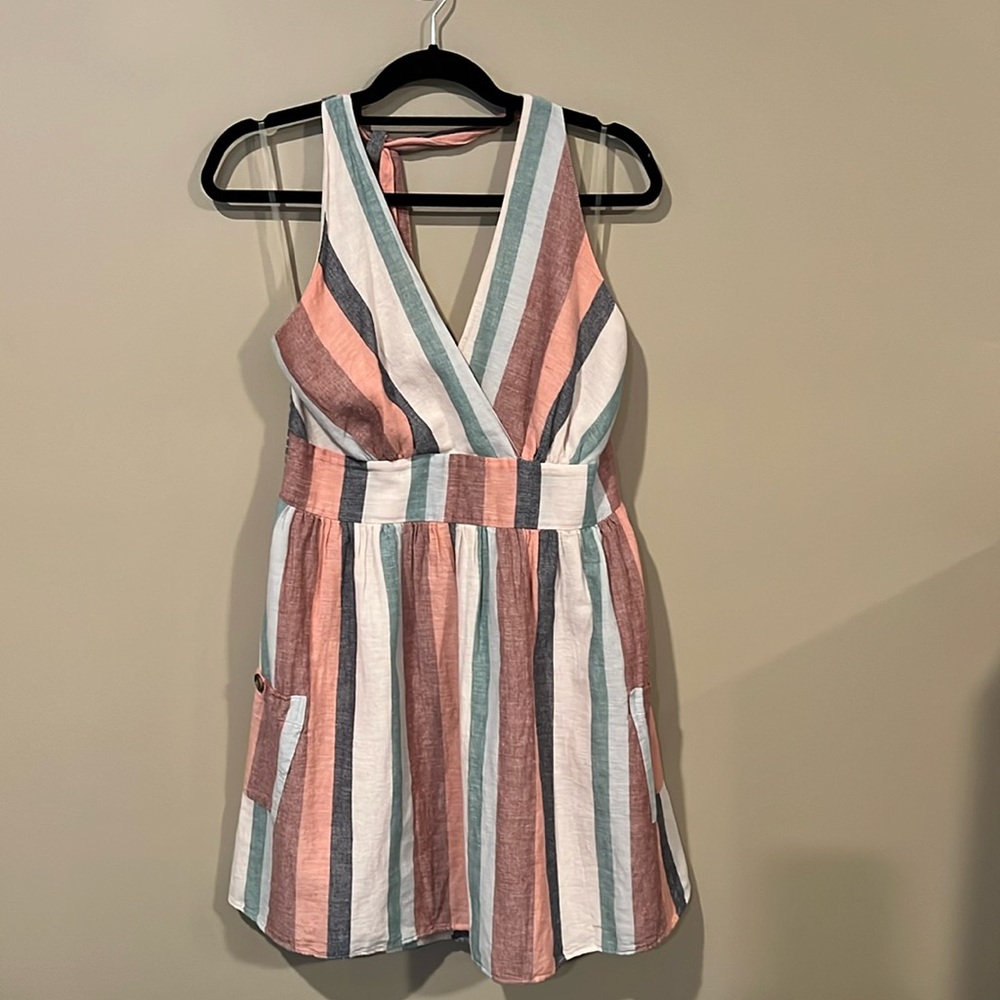 American Eagle Outfitters Striped Wrap Sundress in Pink, Teal, White, and Rust